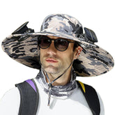 GL SUIT sun hat with dual solar fans offering UPF 50+ shade on the go.