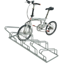 Global Industrial low-profile bike rack front view supports 6 bikes in alternating brackets for secure parking