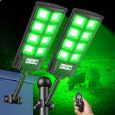 GLOPHOK Solar Hog Lights 12000lm green light illuminate wide area for night hunting visibility.