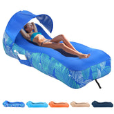 Glowsky inflatable lounger blue shown at the beach for quick setup and comfortable lounging