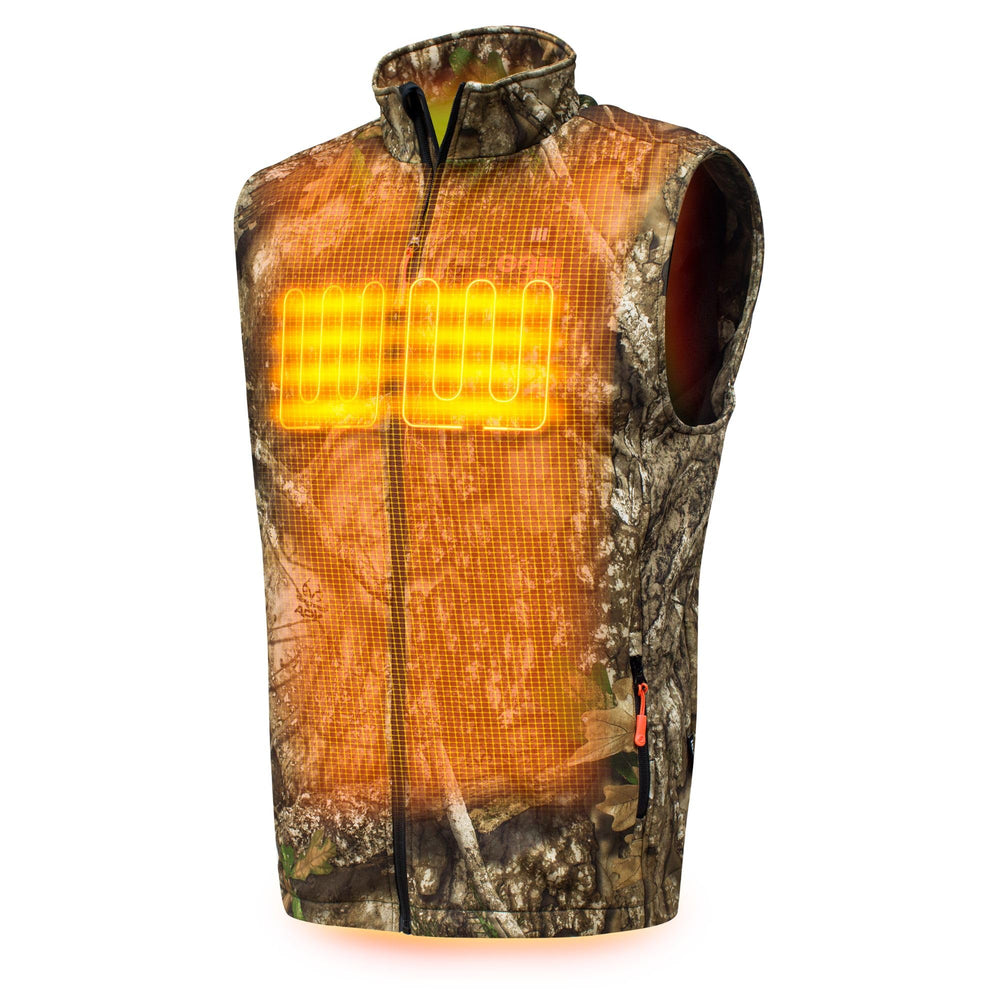 Gobi Heat Colorado men's camo heated vest front view with three-zone heating for cold commutes