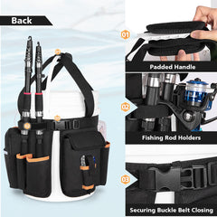 Two rod holders and plier holder integrated into the organizer