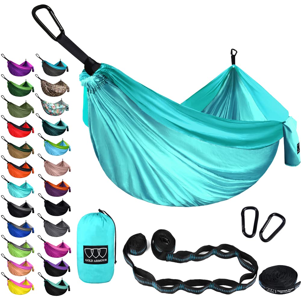 Gold Armour camping hammock seafoam setup demonstrates quick, tensioned outdoor lounging.