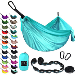 Gold Armour camping hammock seafoam setup demonstrates quick, tensioned outdoor lounging.