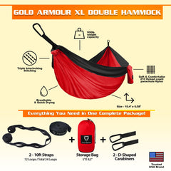 Gold Armour hammock straps with tree-friendly design enabling secure backyard setups.