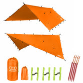 Gold Armour Rain Fly Tarp setup over hammock provides instant shelter and rain protection.
