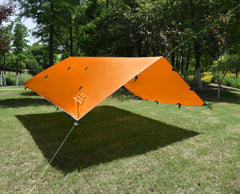 Gold Armour Rain Fly Tarp showing 33 tie-down loops for flexible anchoring.