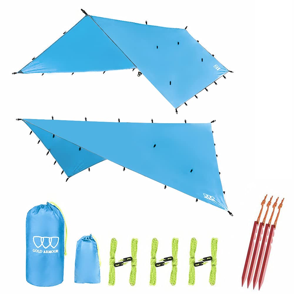 Gold Armour Rainfly Tarp fully set up for instant shelter on any campsite.