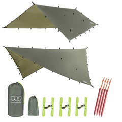 Gold Armour rainfly tarp hammock setup demonstrates rapid shelter for camping.