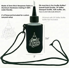 Gold Koozie carabiner keeps snuffer bottle within easy reach.