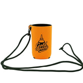 Gold Koozie snuffer bottle holder with carabiner attached for hands-free access.