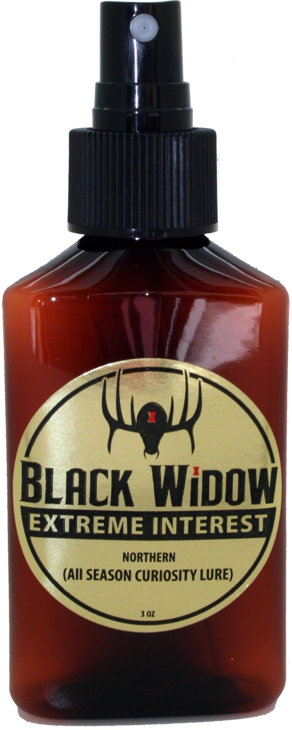 Gold Tip Black Widow Extreme Interest Deer Lure spray bottle entices whitetails with scent cues.