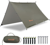 GoldCamp tarp 10x10 setup showing versatile shelter for camping and hammocks.