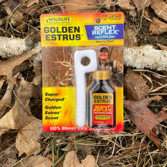 Golden Estrus wick-in-use demonstrates scent delivery for long-lasting attraction.