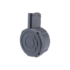 GoldenBall 1100rd drum mag close-up highlighting lightweight polymer construction.