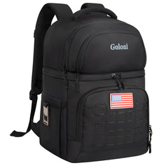 Goloni insulated cooler backpack showing ice retention for 12 hours, ideal for camping.