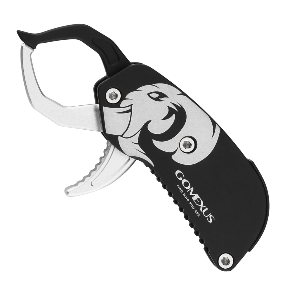 GOMEXUS Fish Lip Gripper held in hand showing compact aluminum body
