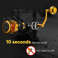 Gomexus power handle installation shows no-drill setup for Spinfisher reels