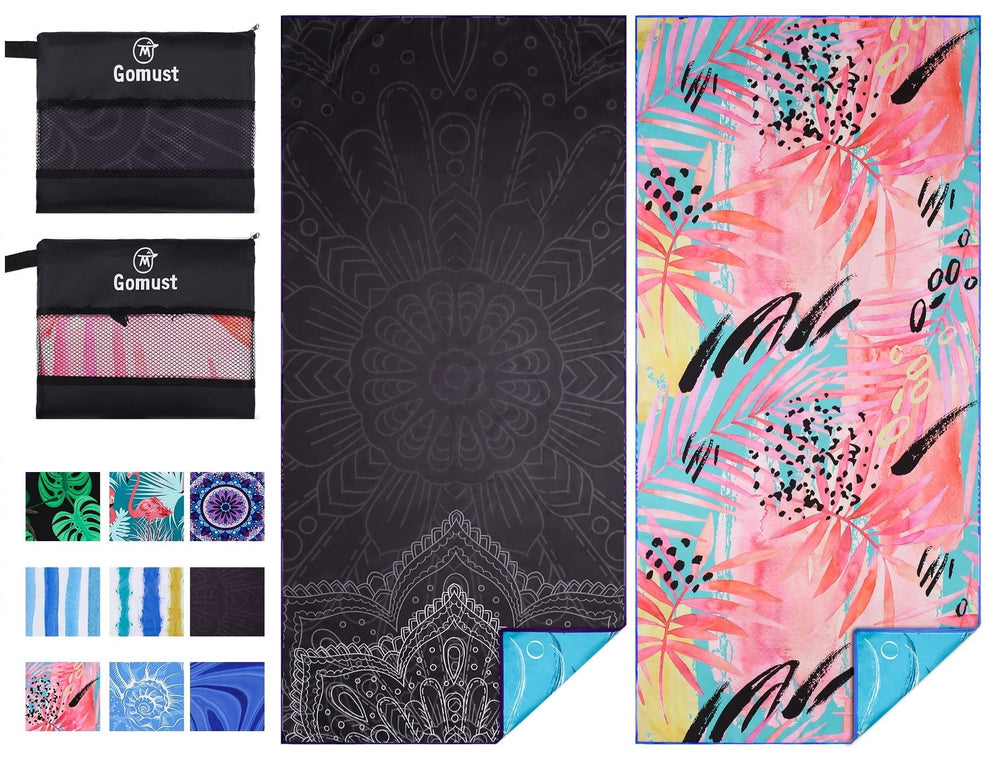 Gomust 2-pack beach towels in black mandala pattern for quick-dry, sand-free beach days.