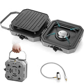 Gonex 2-burner camping stove folded with handle for easy transport.