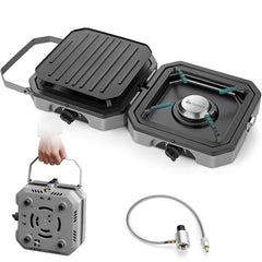Gonex 2-burner camping stove folded with handle for easy transport.