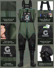 Gonex Chest Waders with waterproof boots provide secure grip on wet banks