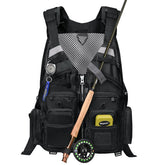 Gonex black fly fishing vest front view with multi-pocket layout