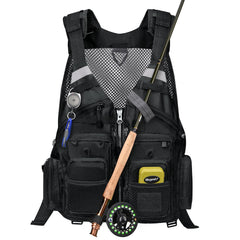 Gonex black fly fishing vest front view with multi-pocket layout