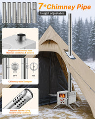 Gonex hot tent stove large firebox accommodates longer firewood for extended warmth.