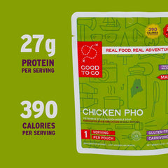 Close-up of GOOD TO-GO Chicken Pho texture with herbs and noodles