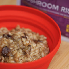 GOOD TO-GO Mushroom Risotto bowl steaming after hiking.