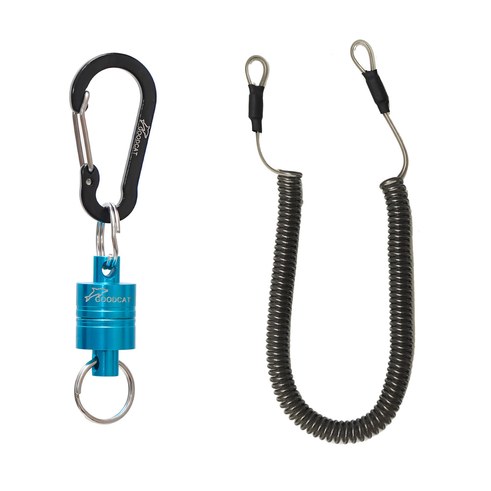 GOODCAT magnetic net release keychain with blue magnet and black carabiner – angled view