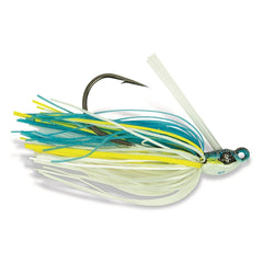 Googan Baits Grass Hero Swim Jig white details emphasize hand-tied skirt that entices fish.