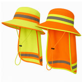 GOOHERA men's high-visibility sun hat in orange, front view highlighting reflective stripes for safety.