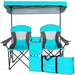 Goplus Double Beach Chair with Canopy Shade in Lake Blue, a comfortable two-person setup