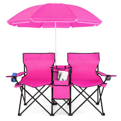 Goplus double camping chair with umbrella up for shade on outdoor outings.