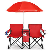 Goplus double chair with extended umbrella provides shaded seating for two.