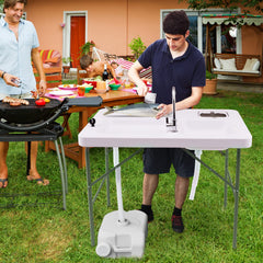 Goplus folding fish-cleaning-table with dual sinks for efficient washing.