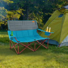 Goplus folding loveseat with thick padding for cozy outdoor seating.