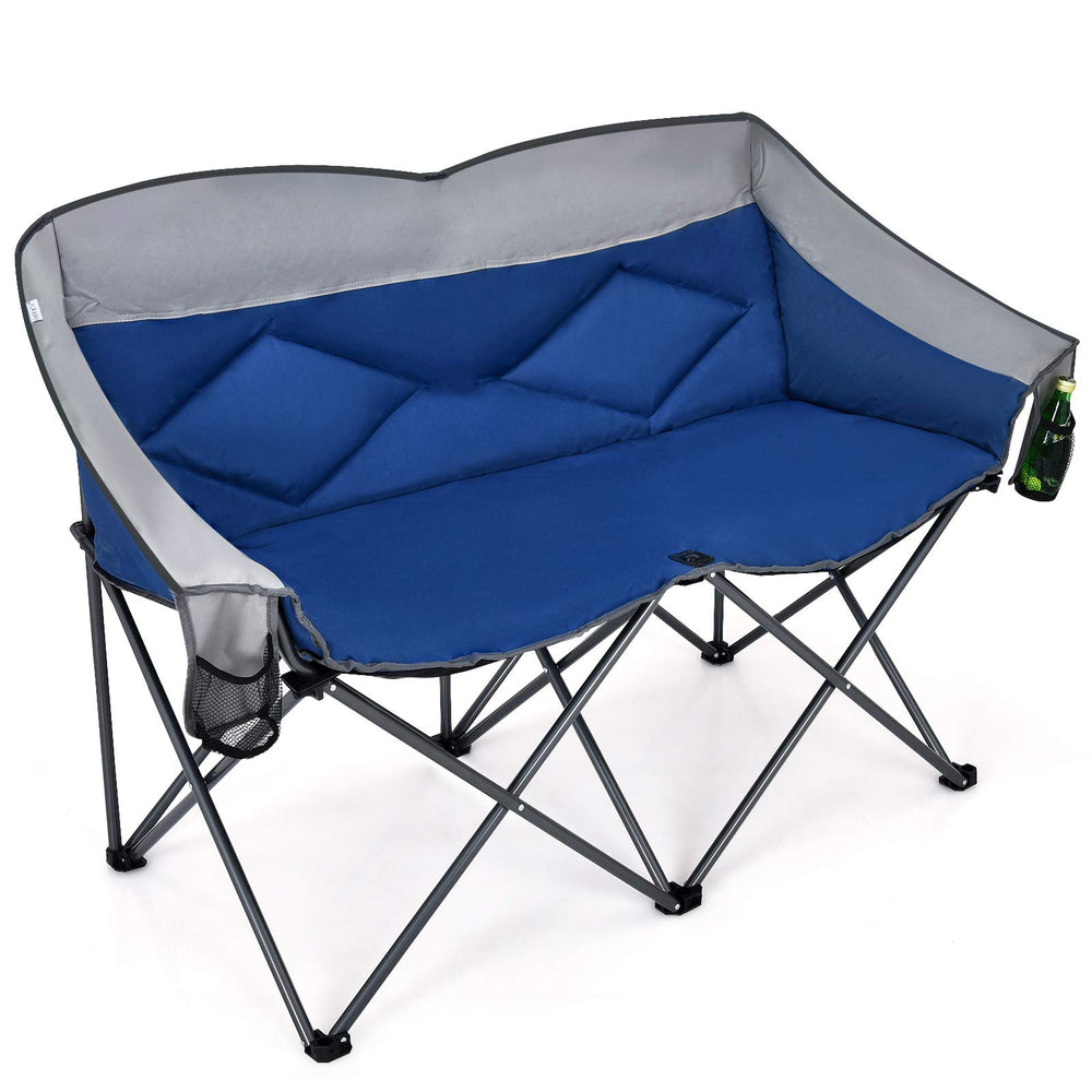 Goplus Loveseat Camping Chair with two adults sitting, ideal for shared outdoor lounging.
