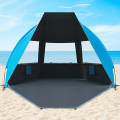 Gorich beach tent fully set up showing ample shade for the family