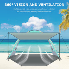 Gorich beach tent ventilation with mesh windows keeps interior cool.