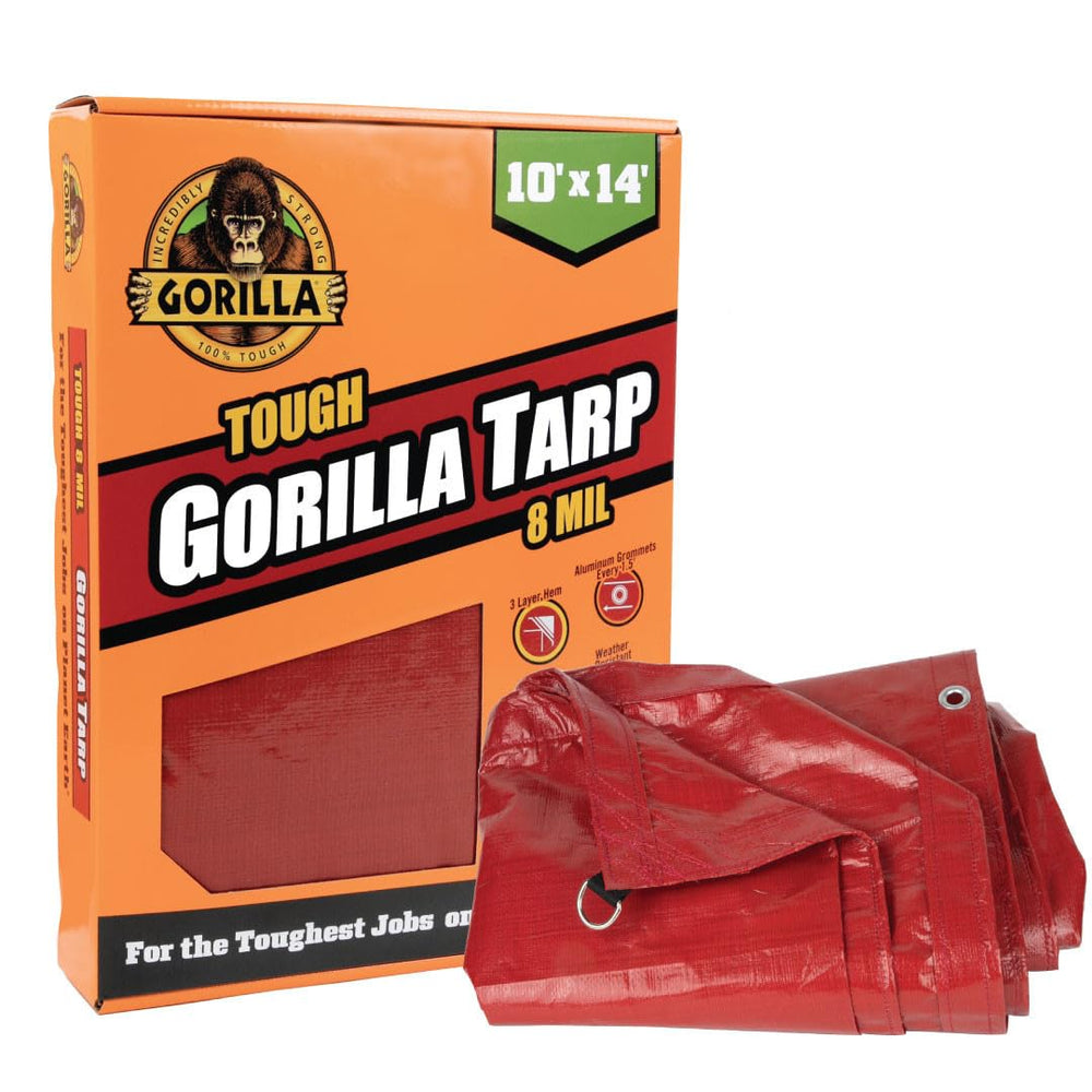 GORILLA tarp 10x14 edges and hems reinforce outdoor shelter for camping and gardening.