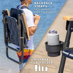 GoSports Outdoors WOVN beach chair cup holder keeps drinks within reach.