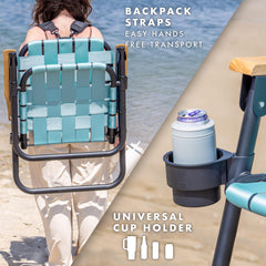 GoSports Outdoors WOVN Beach Chair with attachable cup holder for drinks on the shore.