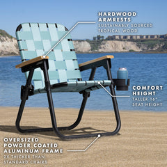 GoSports Outdoors WOVN Beach Chair folded with backpack straps for effortless transport.