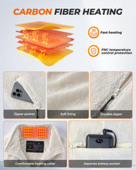GOTOBI fuzzy fleece heated vest battery-display illustration emphasizing long-lasting 16000mAh power
