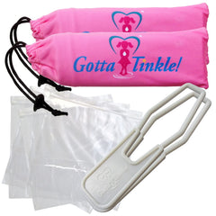 Gotta Tinkle! pink pee-standing device in use for discreet relief on the go