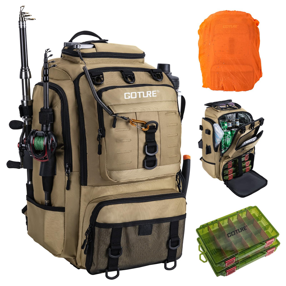 Goture 40L fishing tackle backpack front view with roomy storage for gear.