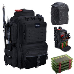 Goture fishing backpack front view shows four tackle boxes organized for quick access